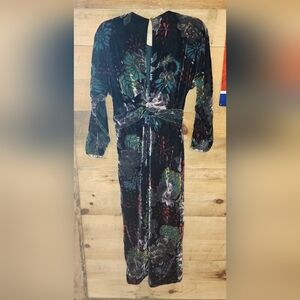 Zara Velvet Floral Tie-Waist Midi Dress in Black